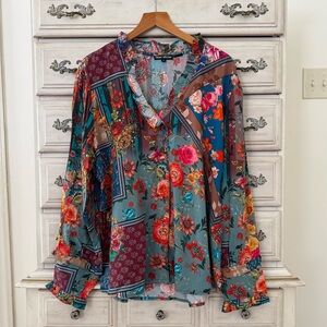 Tolani Boho Patchwork Floral Blouse Top